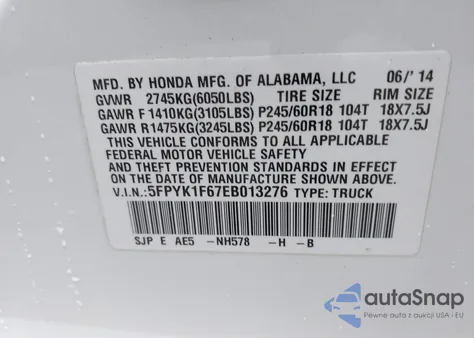 2014 Honda Ridgeline Se z USA, uszkodzony, nr VIN 5FPYK1F67EB013276